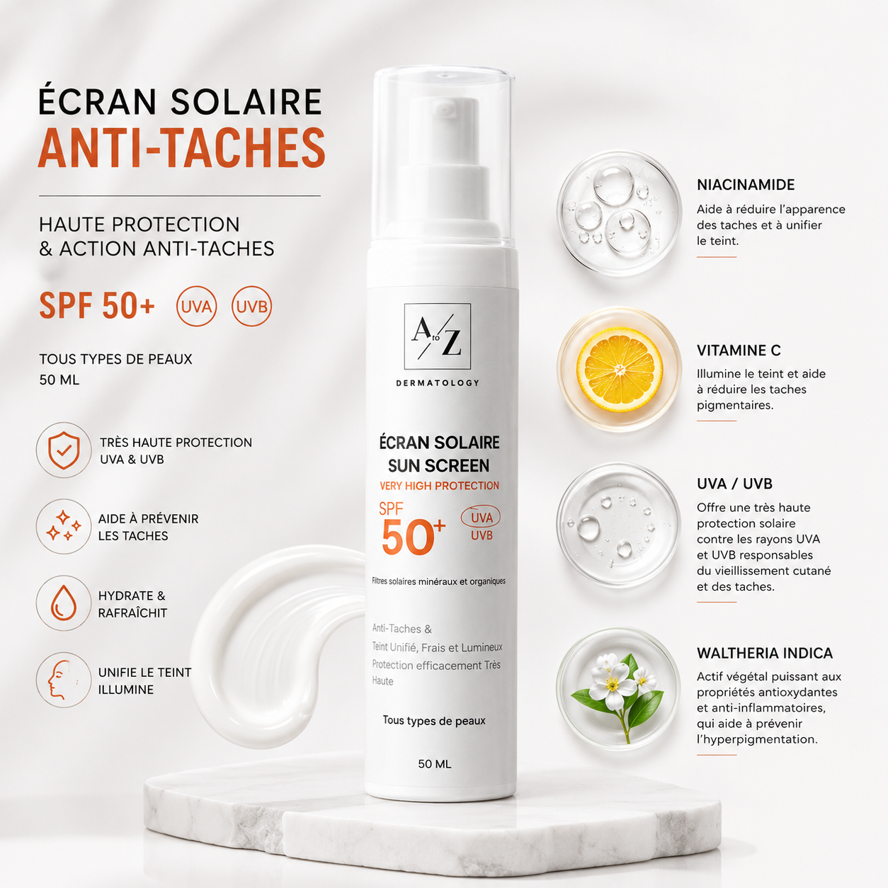 Bénéfices de l’écran solaire anti-taches A to Z Dermatology SPF 50+